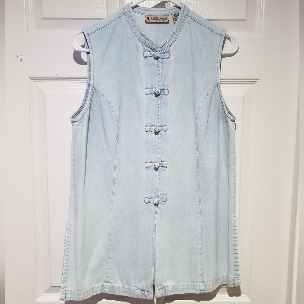 Marsh Landing Chinese Frog Button Cotton Sleeveless Lightweight Blue Denim Top